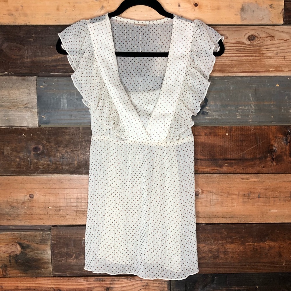 Day trip | Sheer cream blouse w/ gold polka dots